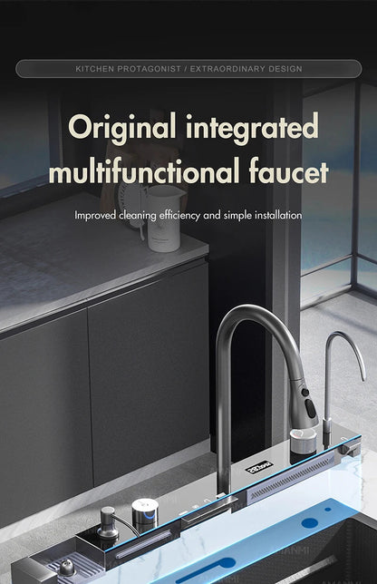 304 Stainless Steel Waterfall Kitchen Sink Large Single Slot Integrated Digital Display Faucet Set Soap Dispenser Cup Washer Home Fusion