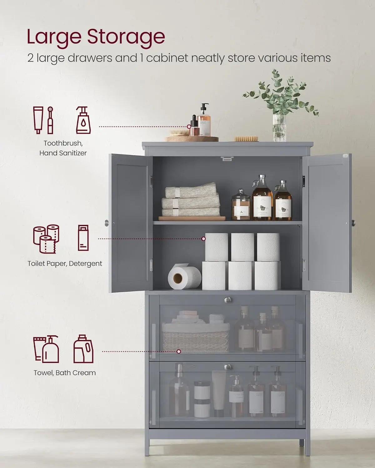 Bathroom Floor Storage Cabinet, Bathroom Storage Unit, Freestanding Cabinet with 2 Drawers and 2 Doors, Adjustable Shelf - Home Fusion