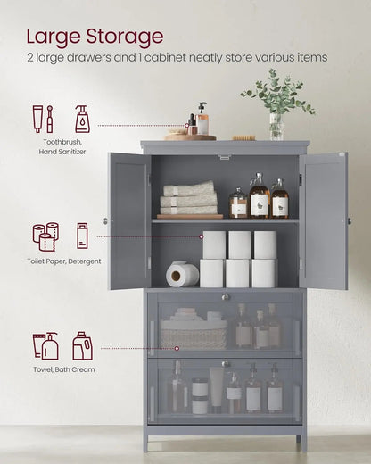 Bathroom Floor Storage Cabinet, Bathroom Storage Unit, Freestanding Cabinet with 2 Drawers and 2 Doors, Adjustable Shelf - Home Fusion