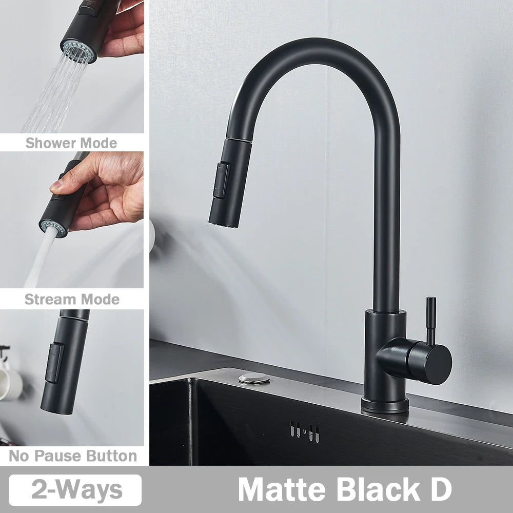 Brushed Nickel Kitchen Faucet Flexible Pull Out Nozzle Kitchen Sink Mixer Tap Stream Sprayer Head Deck Black Hot Cold Water Taps - Home Fusion