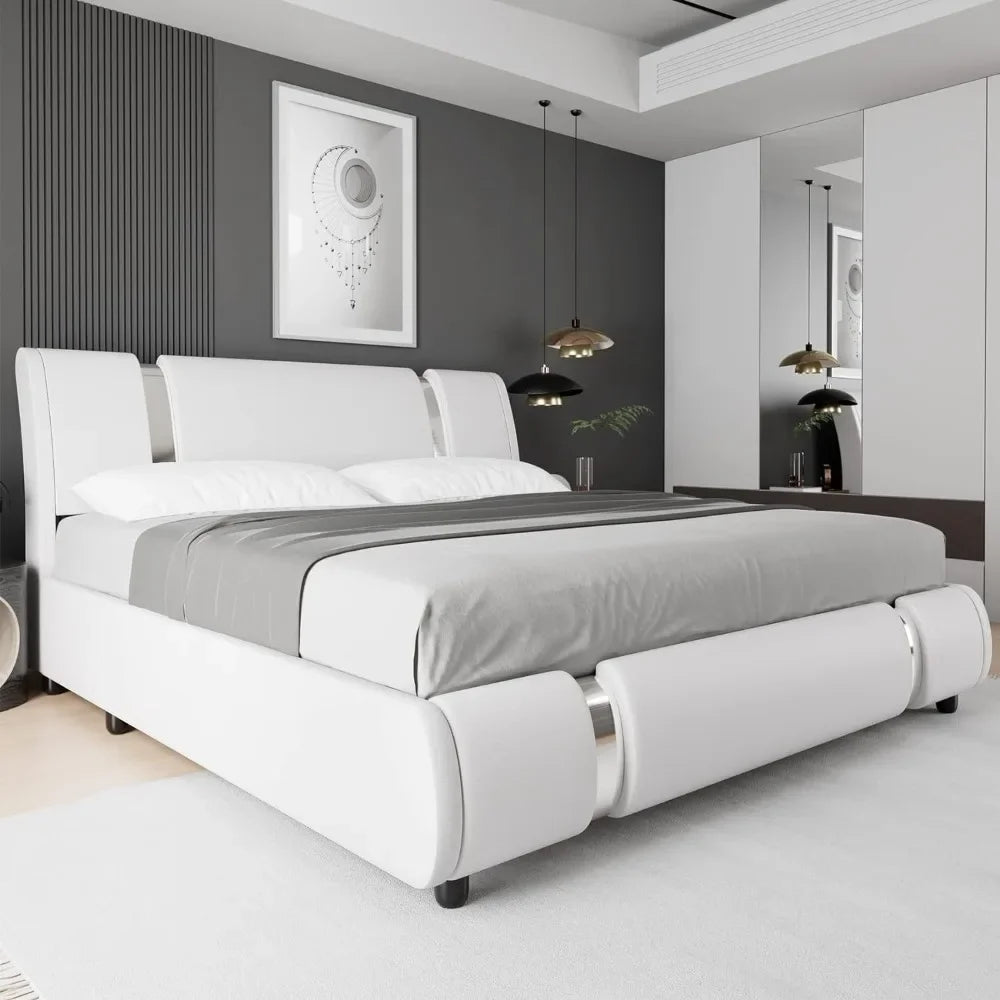 Modern Faux Leather Upholstered Platform Bed Frame with Iron Metal Decor, Adjustable Curved Headboard, Beds Home Fusion
