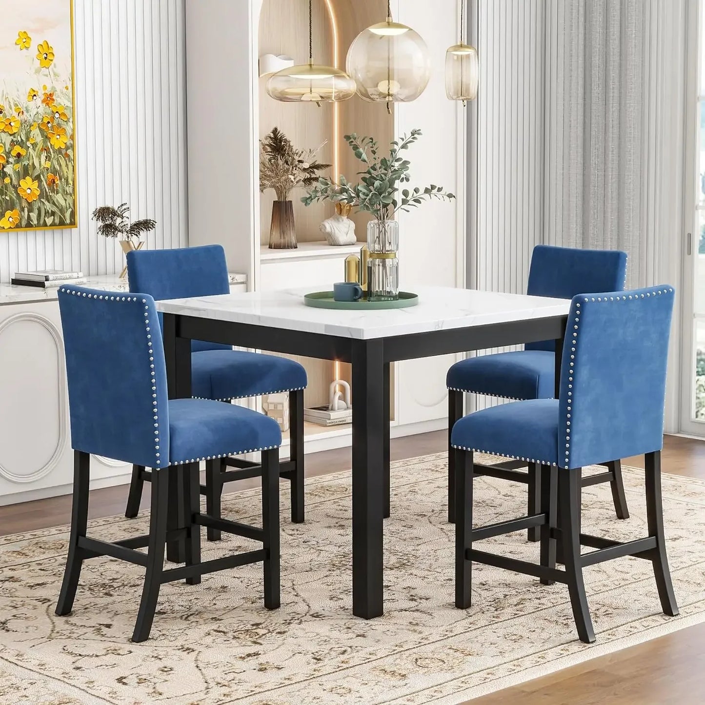 5 Piece Dining Room Table Set for Kitchen with Faux Marble Dining Table and 4 Upholstered-Seat Chairs,Living Room Furniture - Home Fusion