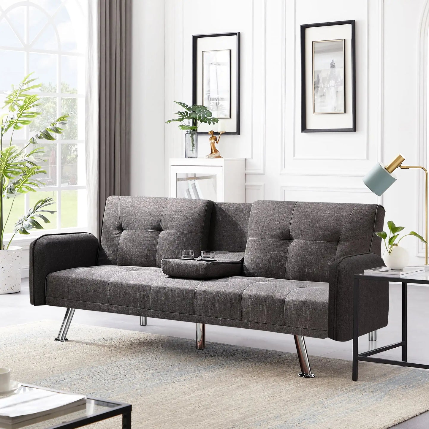 ertible Folding Futon Sofa with Cupholders and Metal Legs for LModern Futon Sofa Bed Linen Upholstered Sofa Couch Coviving Room - Home Fusion
