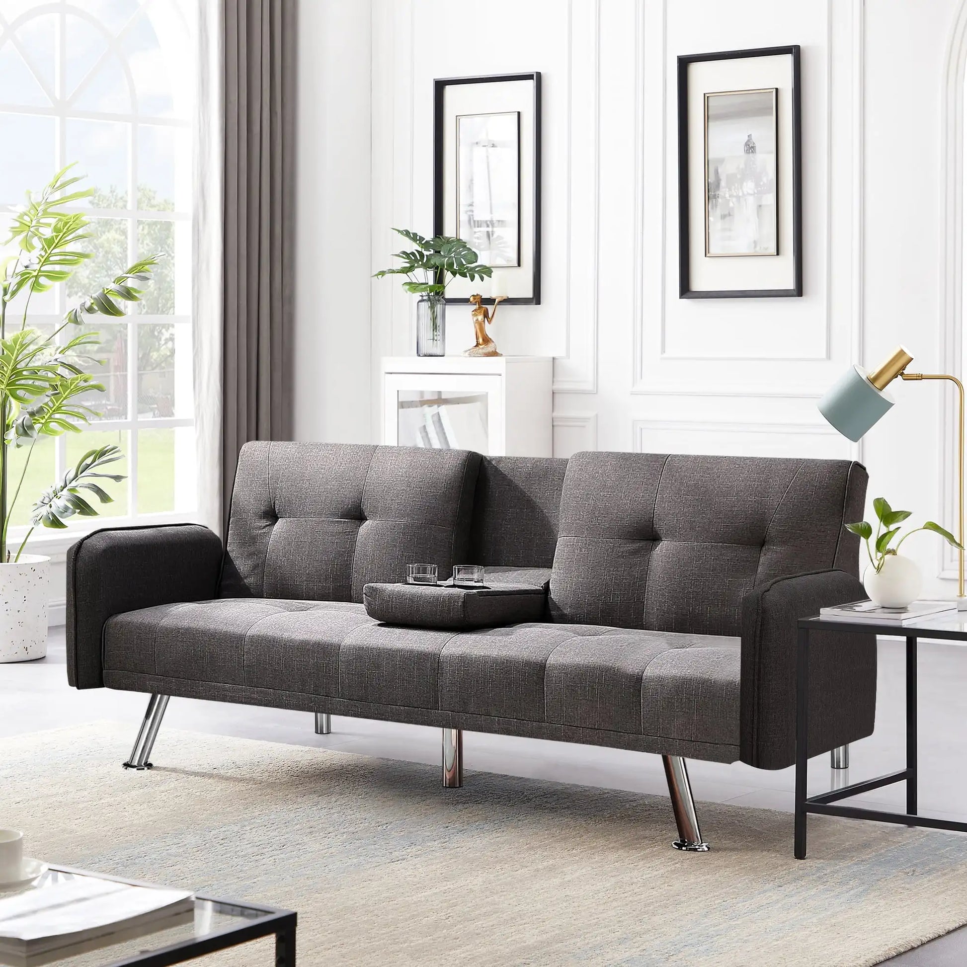 ertible Folding Futon Sofa with Cupholders and Metal Legs for LModern Futon Sofa Bed Linen Upholstered Sofa Couch Coviving Room - Home Fusion