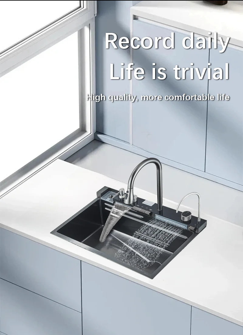 304 Stainless Steel Waterfall Kitchen Sink Large Single Slot Integrated Digital Display Faucet Set Soap Dispenser Cup Washer Home Fusion