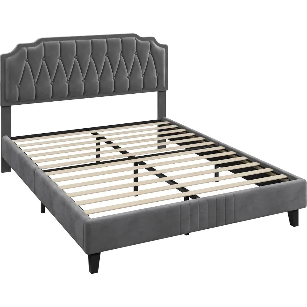 Velvet Upholstered Platform Bed with Curved Headboard. - Home Fusion