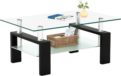 Rectangler Center Table with LED Lights2-Tier Tea Table Modern Side Coffee Table for Living Room - Home Fusion
