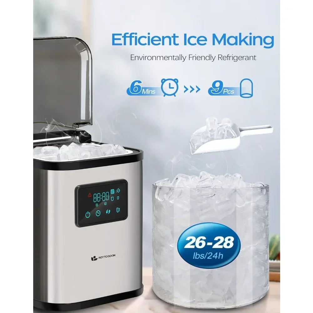 Ice Maker Countertop, Portable Ice Maker Machine, 28lbs/24Hrs, with Self Cleaning, Time Reservation, Include Scoop & Basket - Home Fusion