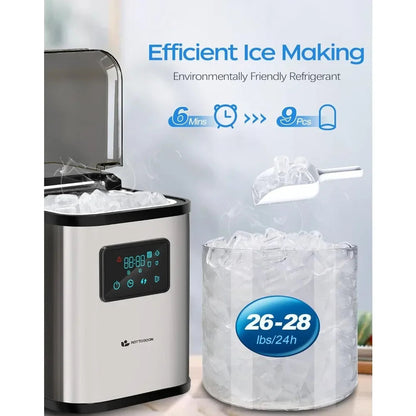 Ice Maker Countertop, Portable Ice Maker Machine, 28lbs/24Hrs, with Self Cleaning, Time Reservation, Include Scoop & Basket - Home Fusion
