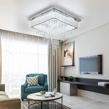 Luxury Crystal Square Bright Led Chandelier Modern Pendant Light Ceiling Lamp Dimmable Flush Mount Bedroom Dinning Living Room Home Fusion