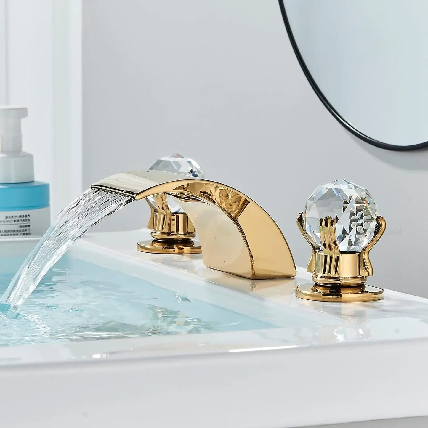 LED Widespread Bathroom Faucet Waterfall Gold Polished Lavatory Faucets Basin Mixer Tap 2 Crystal Knobs 3 Holes - Home Fusion