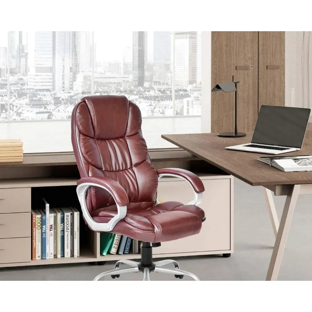 Office Chair Computer High Back Adjustable Desk Chairs PU Leather Swivel Task Chair with Armrests Lumbar Support (Brown) - Home Fusion