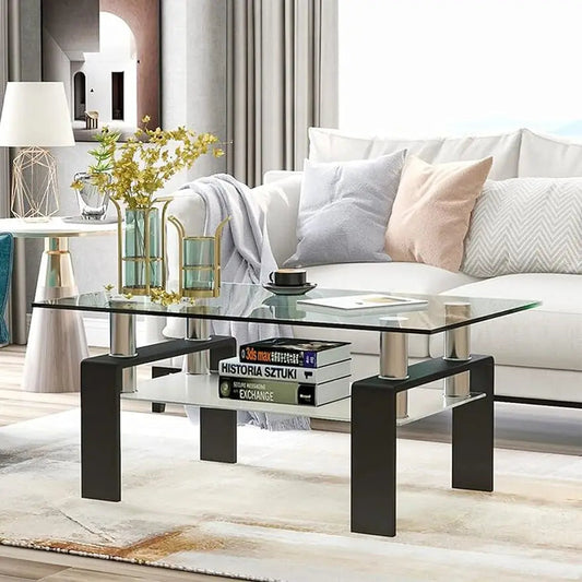 Rectangler Center Table with LED Lights2-Tier Tea Table Modern Side Coffee Table for Living Room - Home Fusion