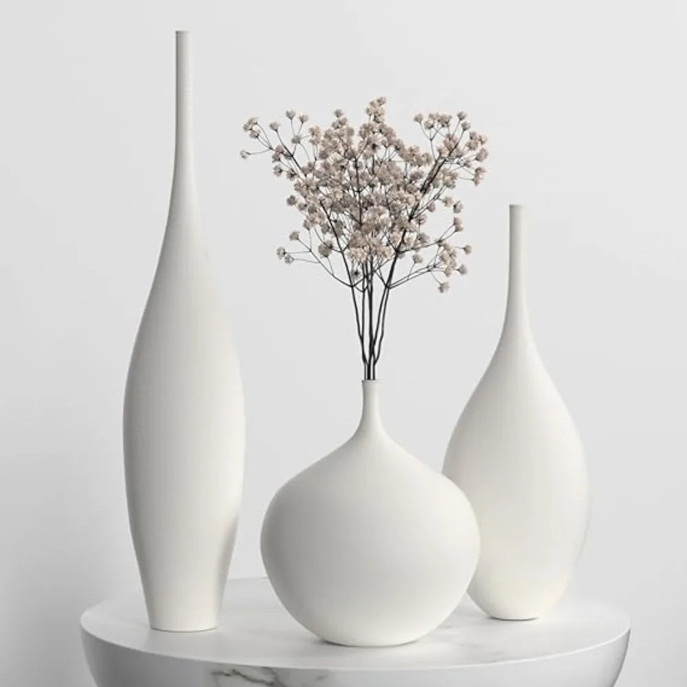White Ceramic Vase Modern Boho Wabi-Sabi Flower Vase Set of 3 Decorative Aesthetic Vases for Centerpieces Pampas Matte - Home Fusion