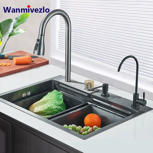 Kitchen Sinks  Stainless Steel Waterfall Sink. 5 Water Modes. Digital Faucet. 076823-f9.myshopify.com