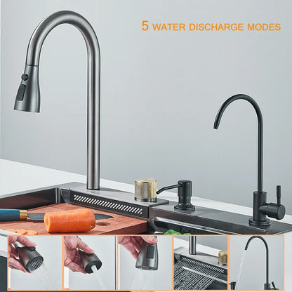 Stainless Steel Waterfall Sink. 5 Water Modes. Digital Faucet. - Home Fusion