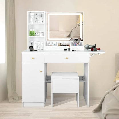 Dressing table with lights and mirrors Dressing table with lights and mirrors,2drawers and a storage stool,3 lighting modes,for bedroom and bathroom use15.7Dx44Wx55.1H 076823-f9.myshopify.com