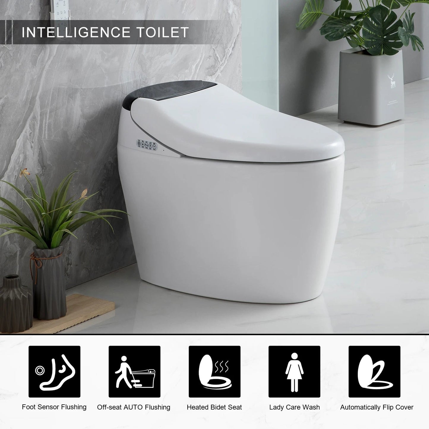 Smart Toilet with AUTO Open/Close Lid,with Built In Bidet, One Piece Heated Bidet Toilet Seat with AUTO Flush, Tankless Toilet - Home Fusion