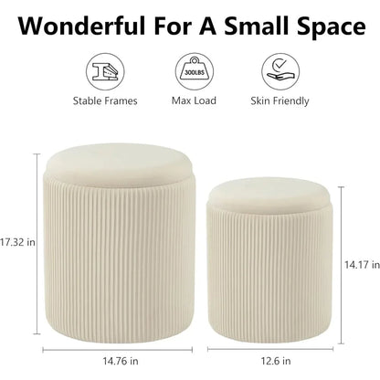 Round Ottoman with Storage Set of 2 Upholstered Velvet Vanity Stool Lines 300lbs Ottomans Multifunctional Beige - Home Fusion