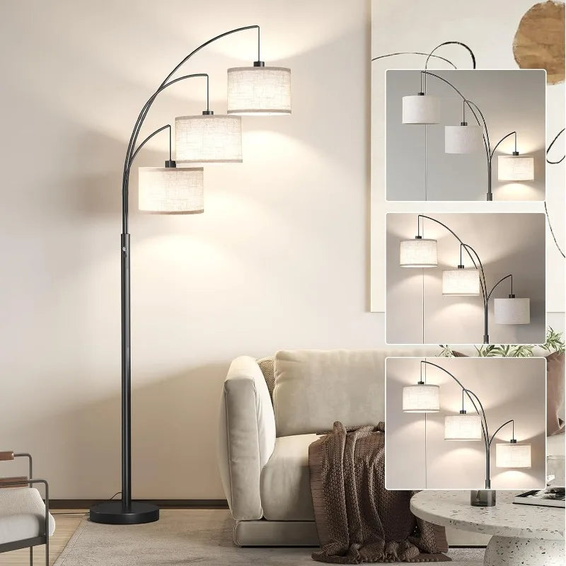 3 Light Floor Lamp – 78” Modern Arc Standing Lamp with Drum Shade - Home Fusion