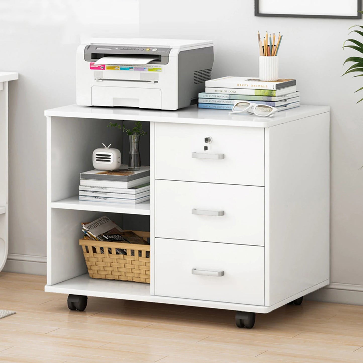 File Cabinet 3 Drawer Printer Stand Lateral Mobile Under Desk Organizer Wooden With Wheels Adjustable Shelves Home Room Storage - Home Fusion