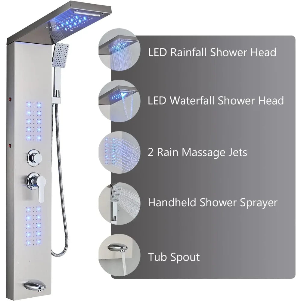 Shower Panel Tower System,LED Rainfall Waterfall Shower Head LED Large Area Massage Jets Tub Spout,Stainless Steel Bathroom - Home Fusion