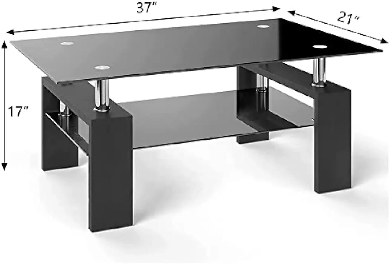 Comft Rectangle Side Glass Coffee Table, 2Tier Center Table Modern Black Side Coffee TableReception Room Office with Lower Shelf - Home Fusion