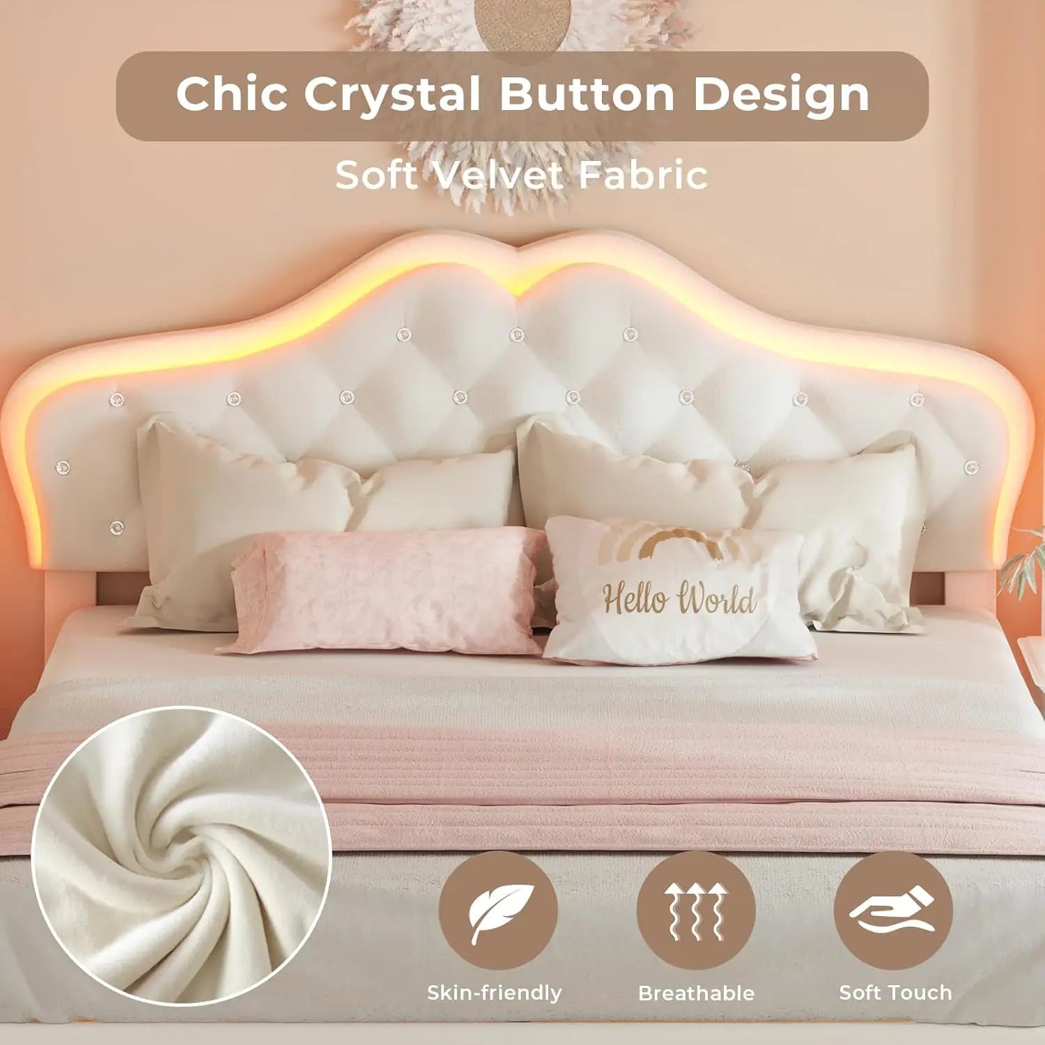 Queen Size Upholstered Bed Frame with LED Lights, Adjustable Headboard with Crystal Button, Solid Wood Slats Support, Beige Home Fusion