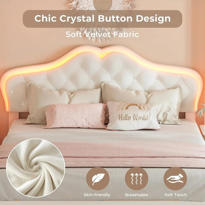 Queen Size Upholstered Bed Frame with LED Lights, Adjustable Headboard with Crystal Button, Solid Wood Slats Support, Beige Home Fusion