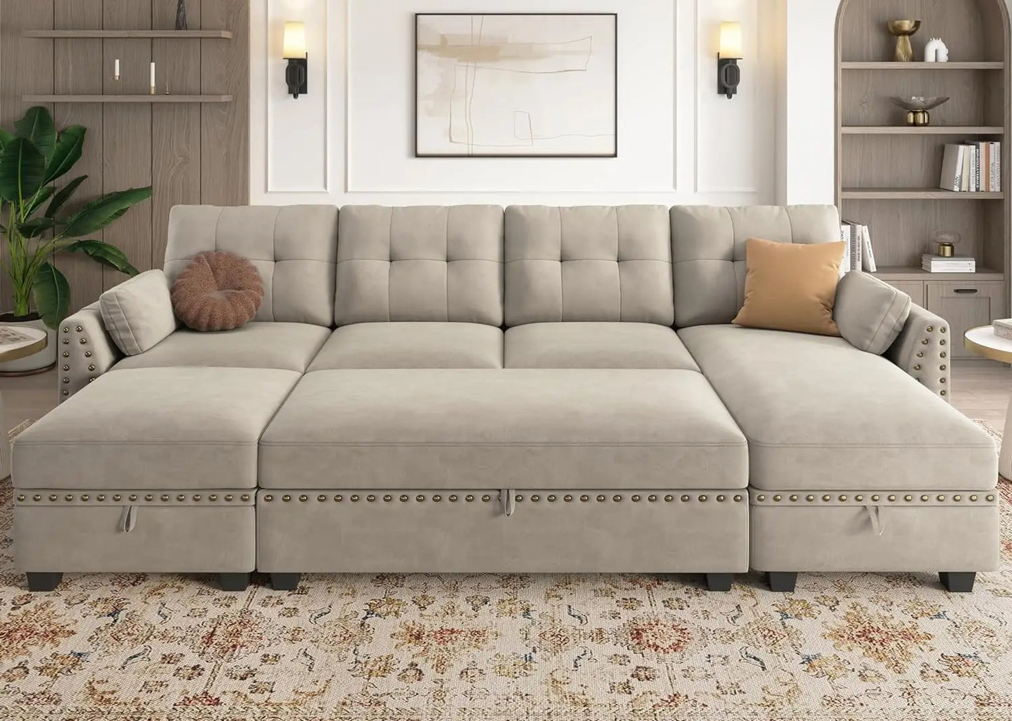 conertibl sofa Velvet Reversible Sectional Sleeper Sofa with Storage Ottoman Convertible Couch 4-Seater Sectional Sofa Bed for Living Room 076823-f9.myshopify.com