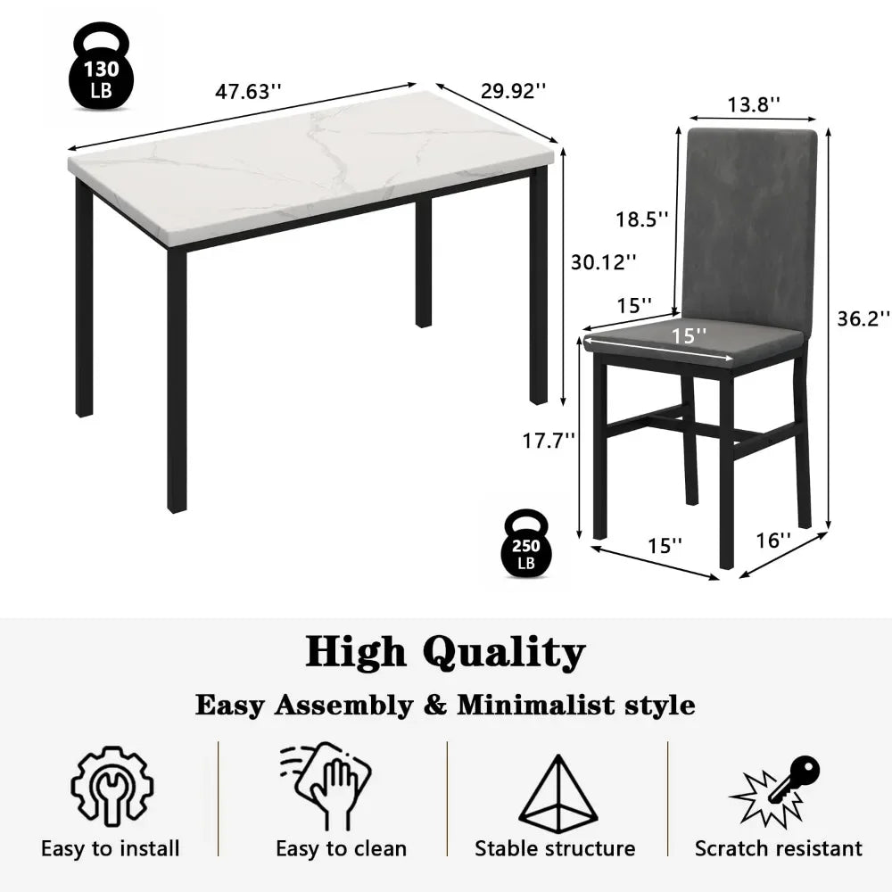 New Dining Table Set for 4 with 4 PU Leather Chairs,5-Piece Marble DiningTable Set with 4 Velvet Metal Frame Chairs for Kitchen Home Fusion