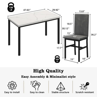 New Dining Table Set for 4 with 4 PU Leather Chairs,5-Piece Marble DiningTable Set with 4 Velvet Metal Frame Chairs for Kitchen - Home Fusion