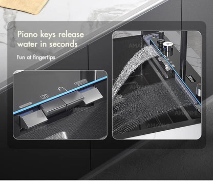 304 Stainless Steel Waterfall Kitchen Sink Large Single Slot Integrated Digital Display Faucet Set Soap Dispenser Cup Washer Home Fusion