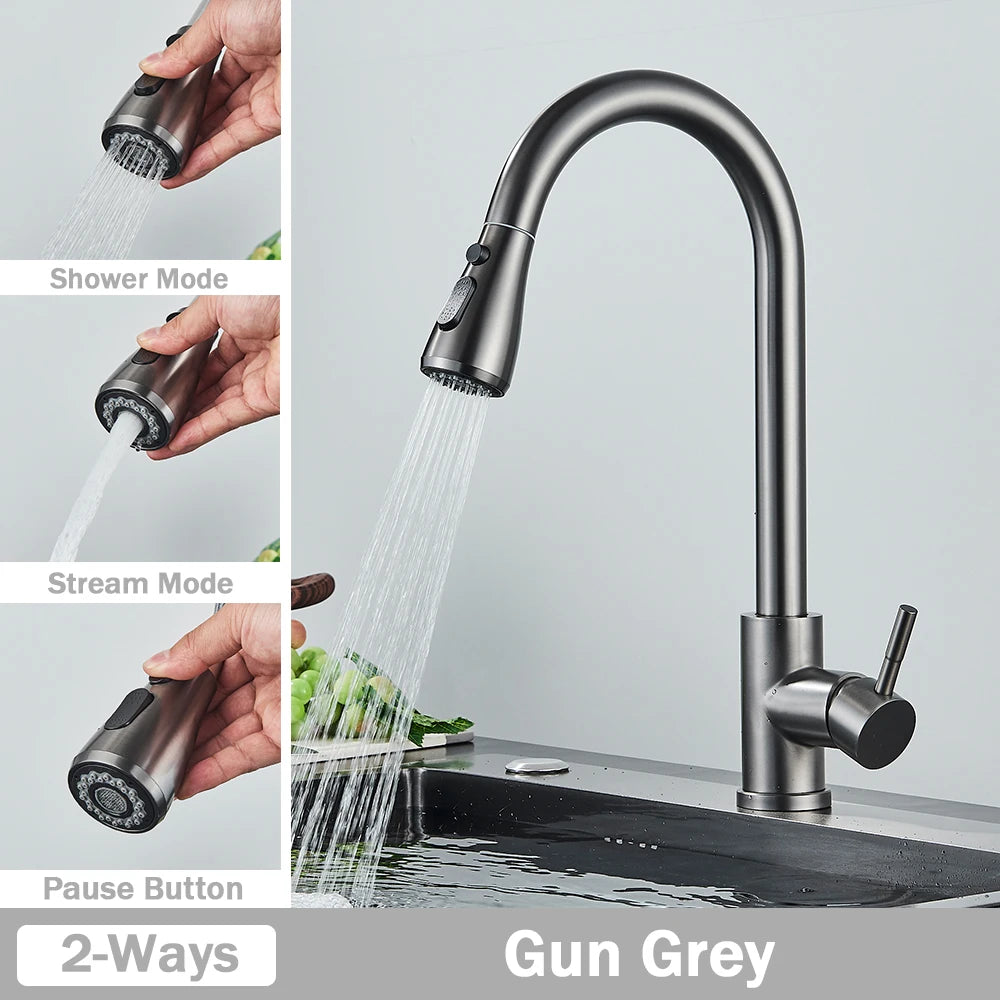 Brushed Nickel Kitchen Faucet Flexible Pull Out Nozzle Kitchen Sink Mixer Tap Stream Sprayer Head Deck Black Hot Cold Water Taps - Home Fusion