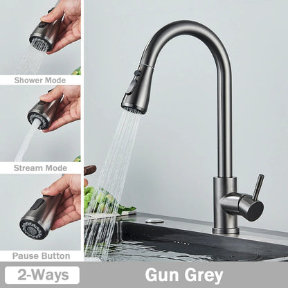 Brushed Nickel Kitchen Faucet Flexible Pull Out Nozzle Kitchen Sink Mixer Tap Stream Sprayer Head Deck Black Hot Cold Water Taps - Home Fusion