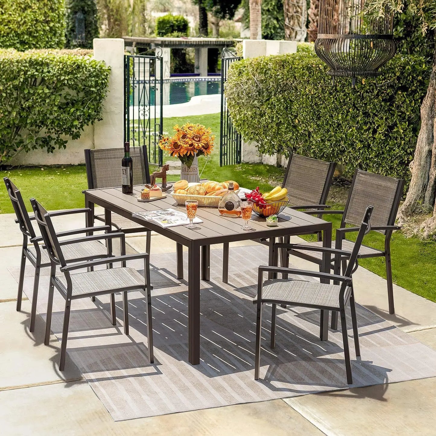 Patio Dining Set 7 Pieces Outdoor Furniture with Large Table and 6 Textilene Chairs for Porch, Brown - Home Fusion