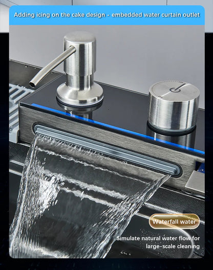 304 Stainless Steel Waterfall Kitchen Sink Large Single Slot Integrated Digital Display Faucet Set Soap Dispenser Cup Washer Home Fusion