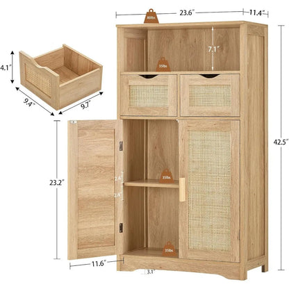 Iwell Storage Cabinet, Rattan Cabinet with 2 Drawers and Adjustable Shelves, Cupboard, Floor Cabinet with Doors for Living Room - Home Fusion