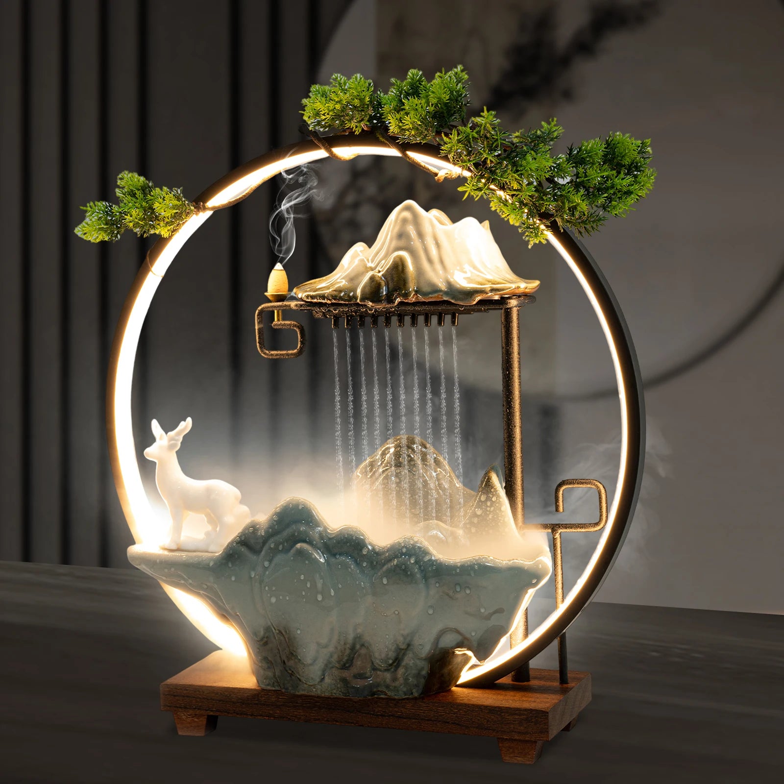 Tabletop Fountain with LED Lights Indoor Rockery Waterfall for Mist Effect Home Office Decor - Home Fusion