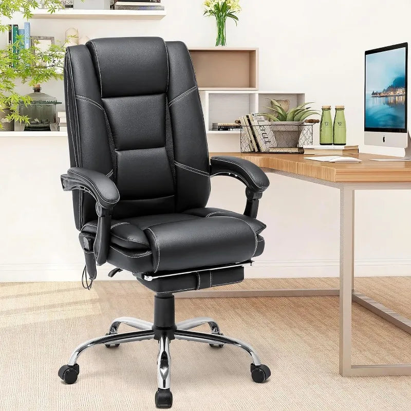 Ergonomic Executive Office Chair with Heated PU Leather Adjustable Height Reclining Massage Desk Chair with Foot Rest Armrest, - Home Fusion