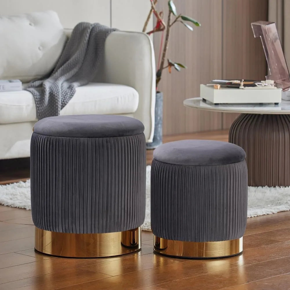 Round with Storage Set of 2, Velvet Storage Ottoman for Living Room, Round Storage, Ottoman Chair, Gold - Home Fusion