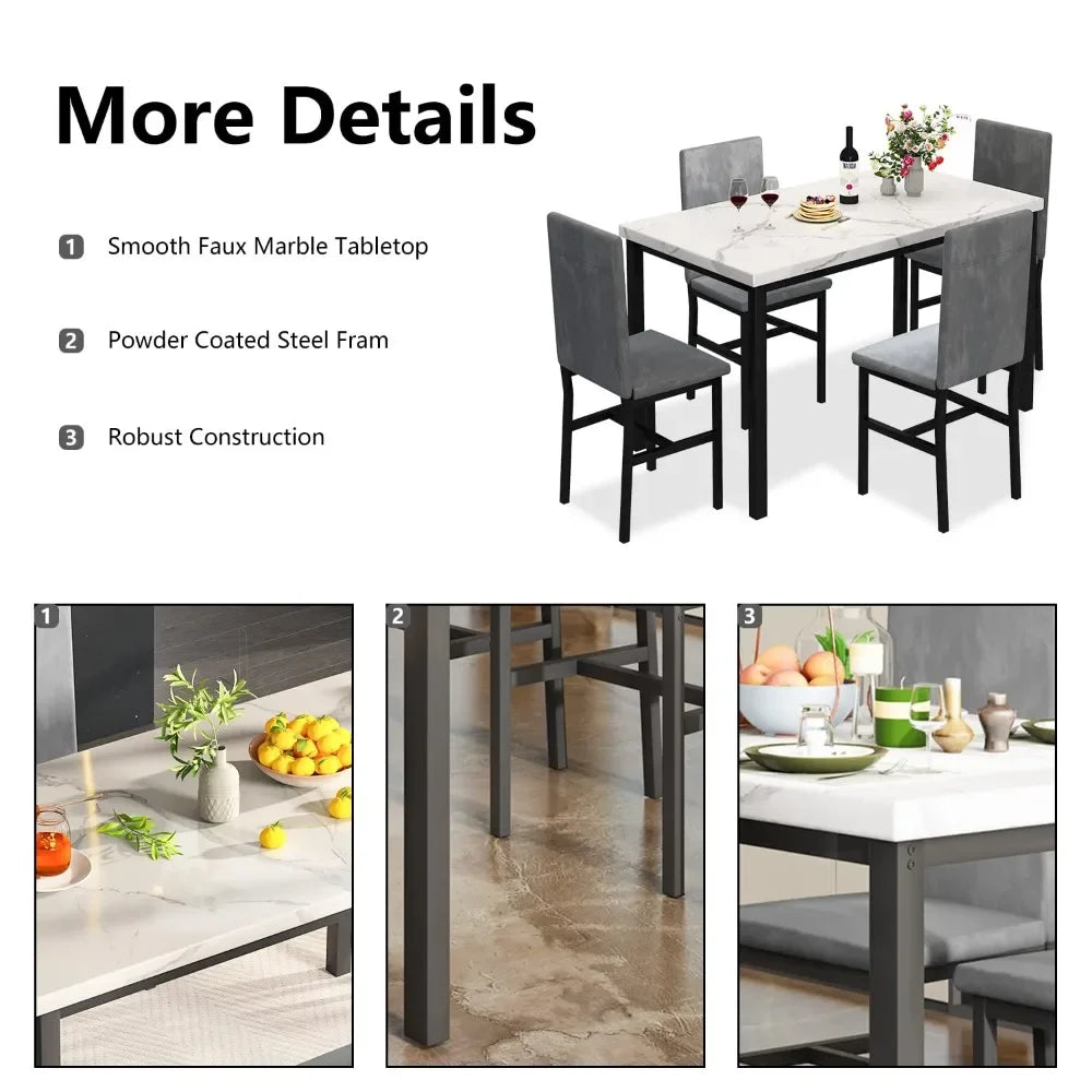 New Dining Table Set for 4 with 4 PU Leather Chairs,5-Piece Marble DiningTable Set with 4 Velvet Metal Frame Chairs for Kitchen - Home Fusion
