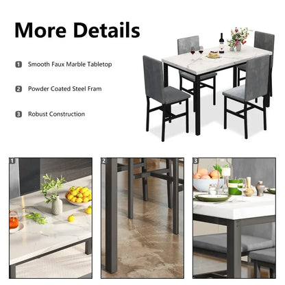 New Dining Table Set for 4 with 4 PU Leather Chairs,5-Piece Marble DiningTable Set with 4 Velvet Metal Frame Chairs for Kitchen - Home Fusion