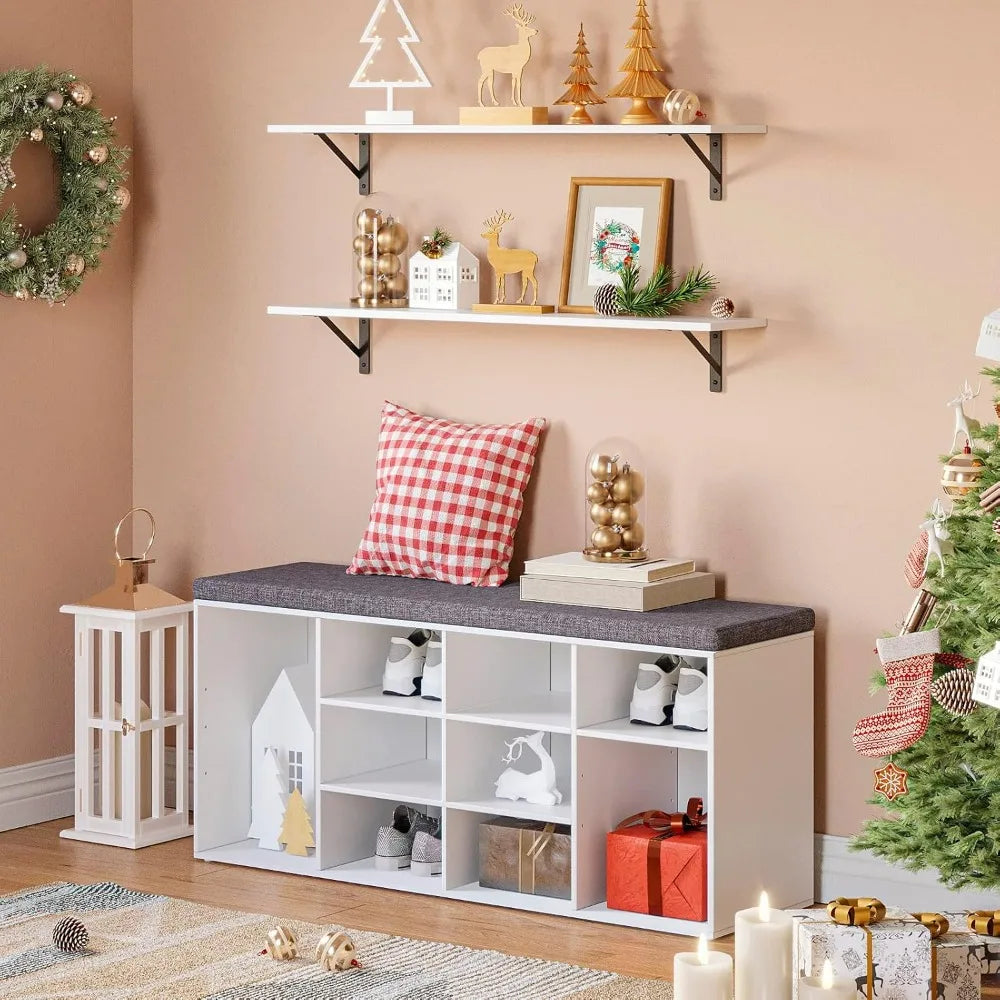 Shoe Storage Bench with Cushion, Cubby Shoe Rack with 12 Cubbies, Adjustable Shelves, Multifunctional Shoe Organizer Bench - Home Fusion