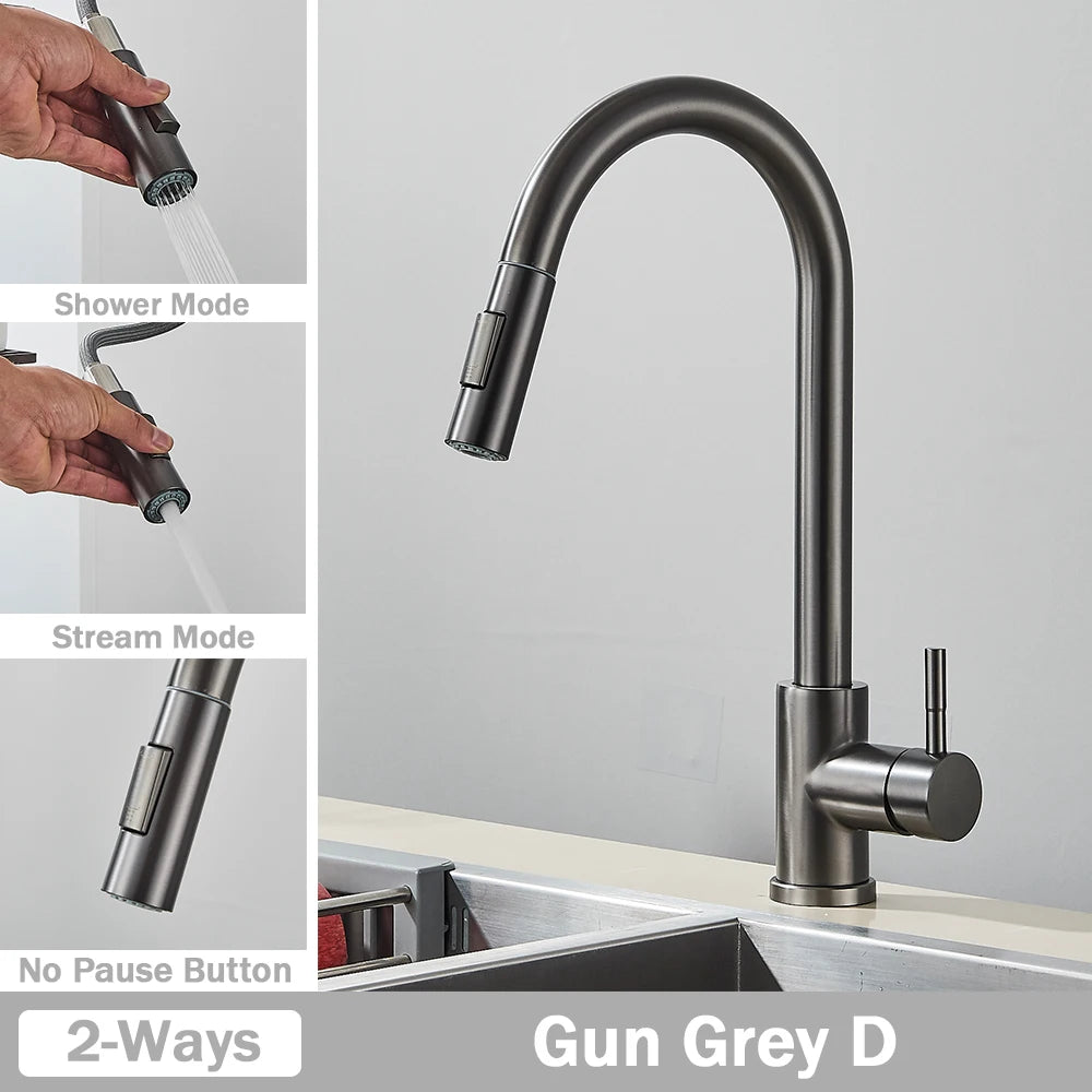 Brushed Nickel Kitchen Faucet Flexible Pull Out Nozzle Kitchen Sink Mixer Tap Stream Sprayer Head Deck Black Hot Cold Water Taps - Home Fusion