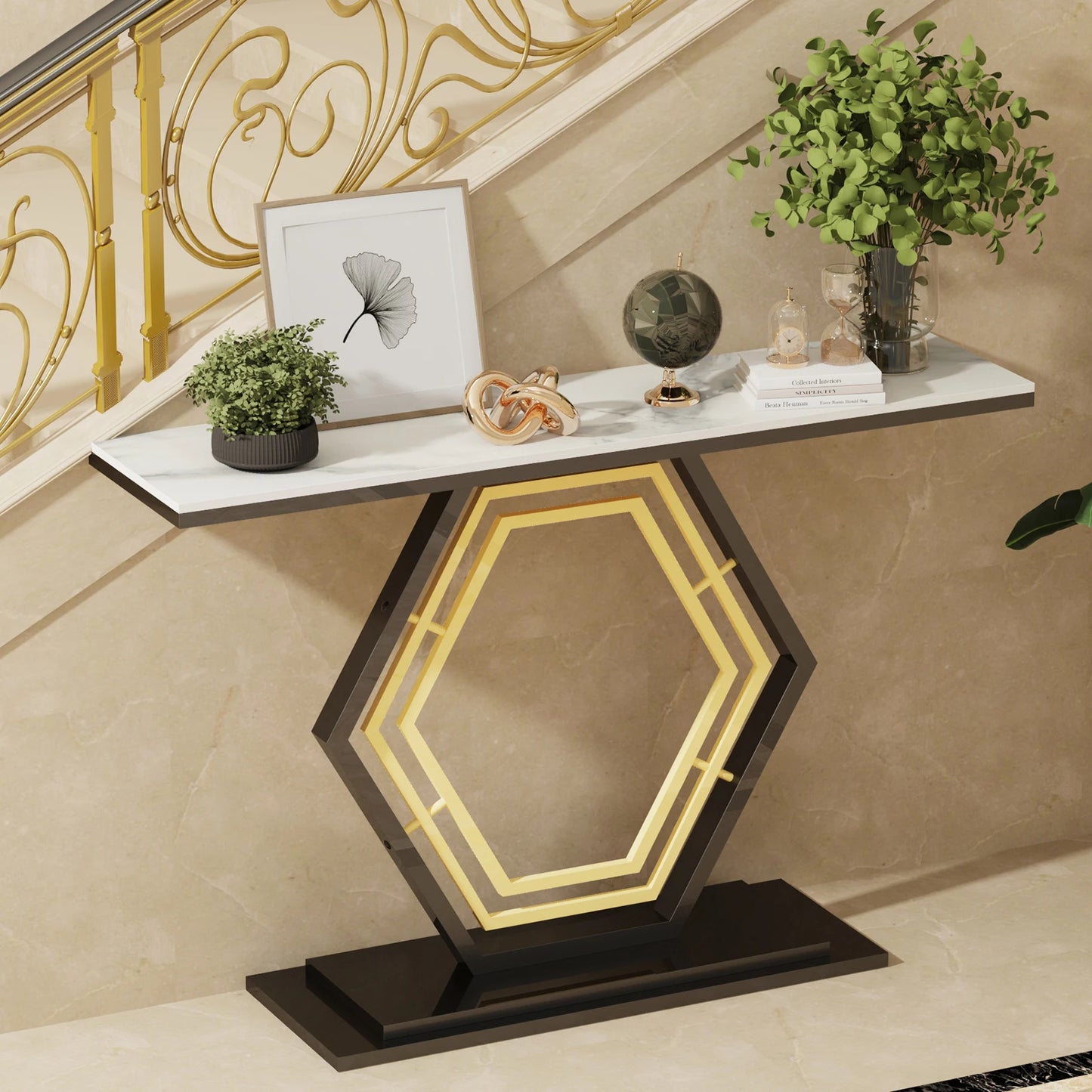 Metal Console Table, Couch Table, Sintered Stone Table Top, Narrow Hallway Tables for Entryway, Front Hall, Hallway, Living Room - Home Fusion