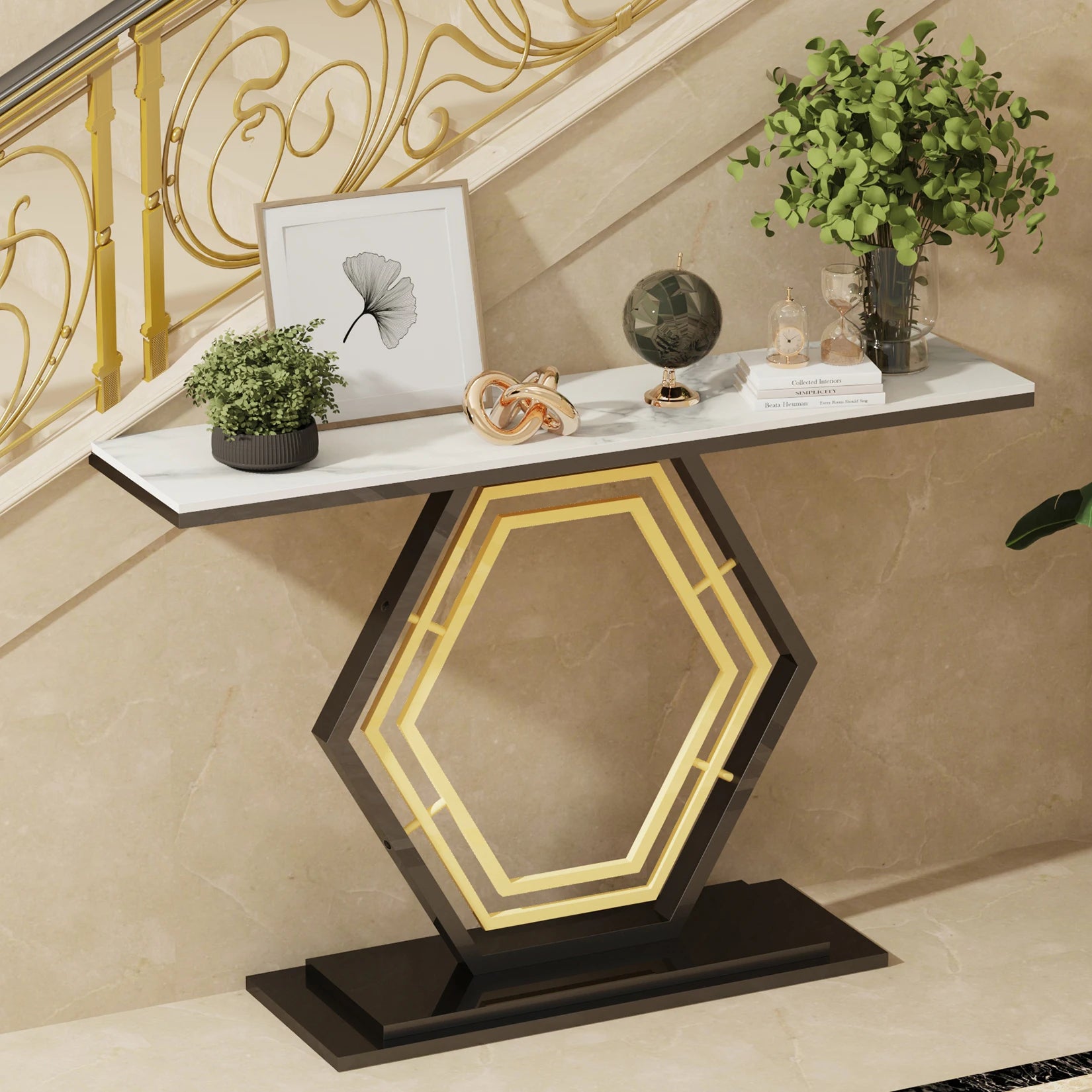 Metal Console Table, Couch Table, Sintered Stone Table Top, Narrow Hallway Tables for Entryway, Front Hall, Hallway, Living Room - Home Fusion