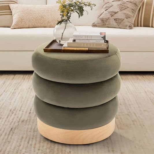 Velvet Ottoman Footstool, Tufted Modern Foot Rest Stool with Wood Base for Living Room, Bedroom, Desk, Round Versatile Side End - Home Fusion