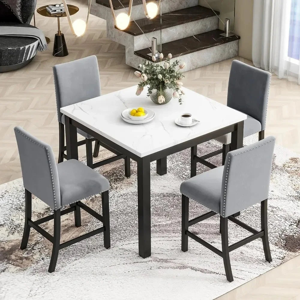 5 Piece Dining Room Table Set for Kitchen with Faux Marble Dining Table and 4 Upholstered-Seat Chairs,Living Room Furniture Home Fusion