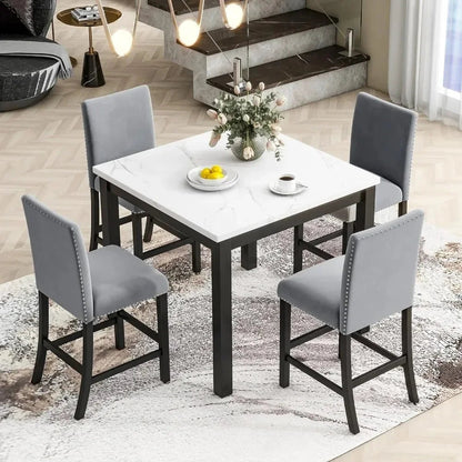 5 Piece Dining Room Table Set for Kitchen with Faux Marble Dining Table and 4 Upholstered-Seat Chairs,Living Room Furniture Home Fusion